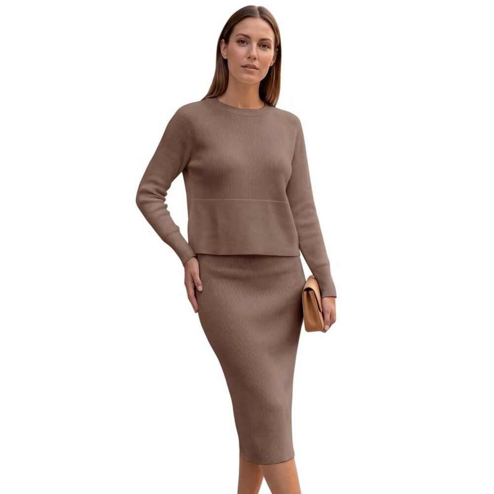 Womens 2 Piece Ribbed Knit Crop Top and Maxi Skirt Set Khaki